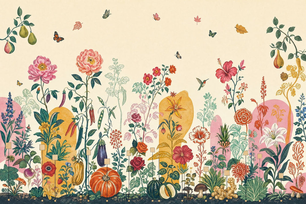 Vintage Garden Botanicals Wallpaper Eclectic Floral Wall Mural pattern artwork