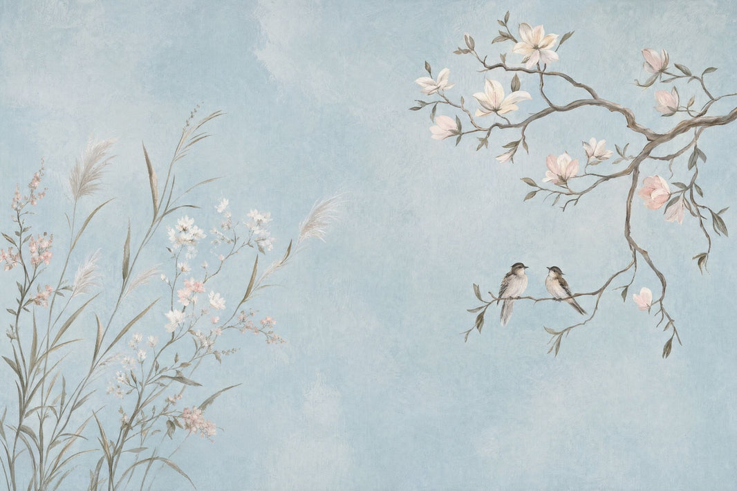 Magnolia Birds Wallpaper Pale Blue Chinoiserie Wall Mural pattern artwork