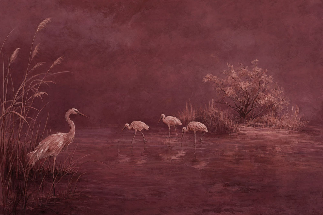 Wetland Herons Wallpaper Burgundy Painterly Wall Mural pattern artwork
