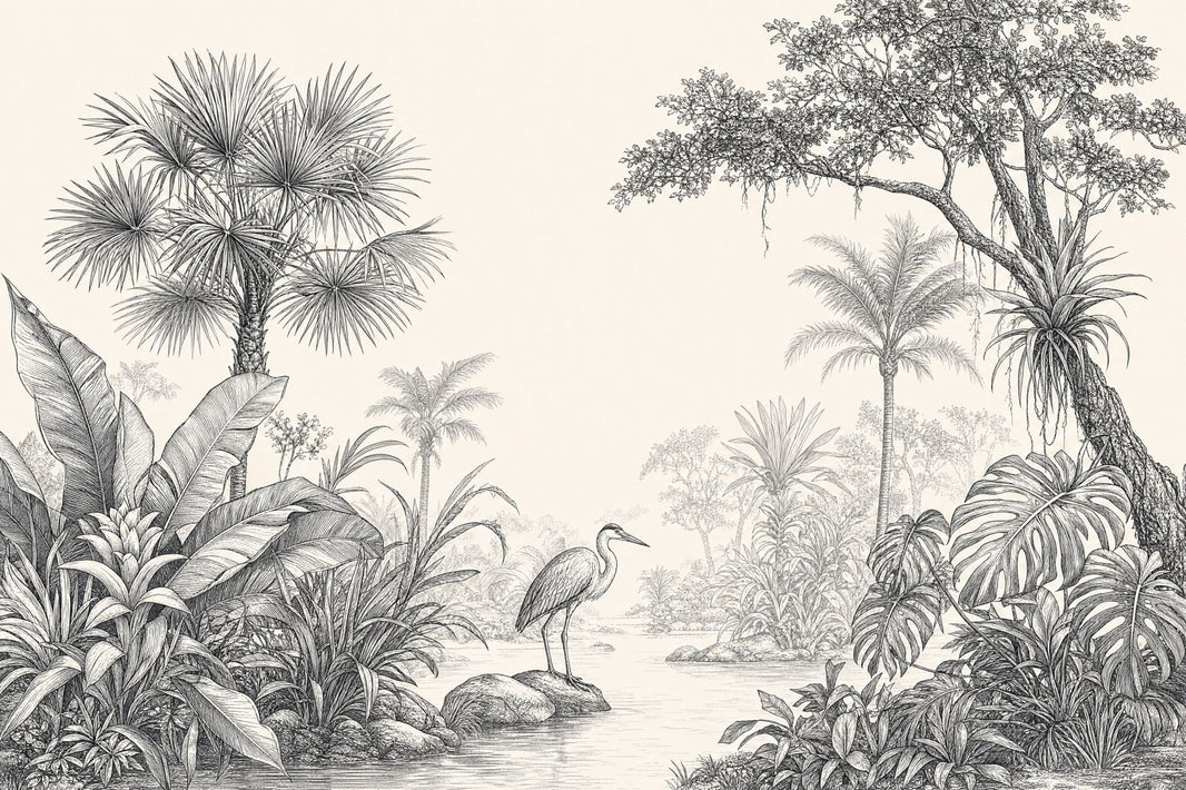 Tropical Jungle Wallpaper Black And Ivory Toile Wall Mural pattern artwork