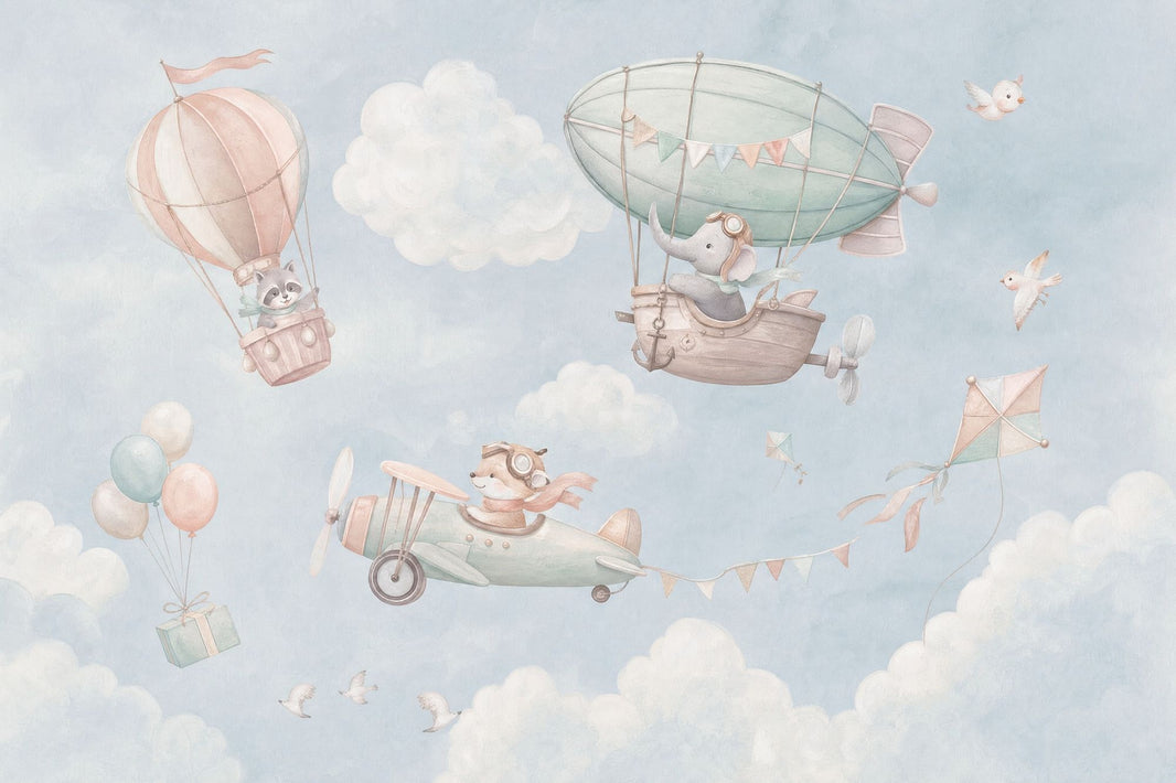 Hot Air Balloon Wallpaper Watercolor Animals Sky Wall Mural pattern artwork