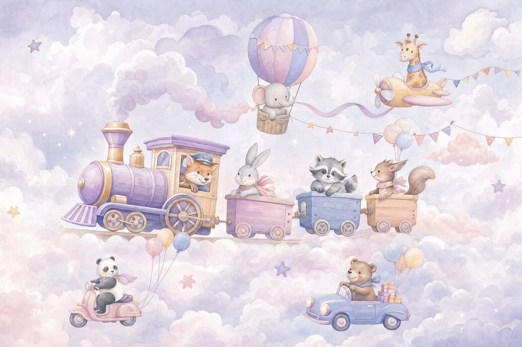 Pastel Animal Train Wallpaper Watercolor Nursery Wall Mural pattern artwork