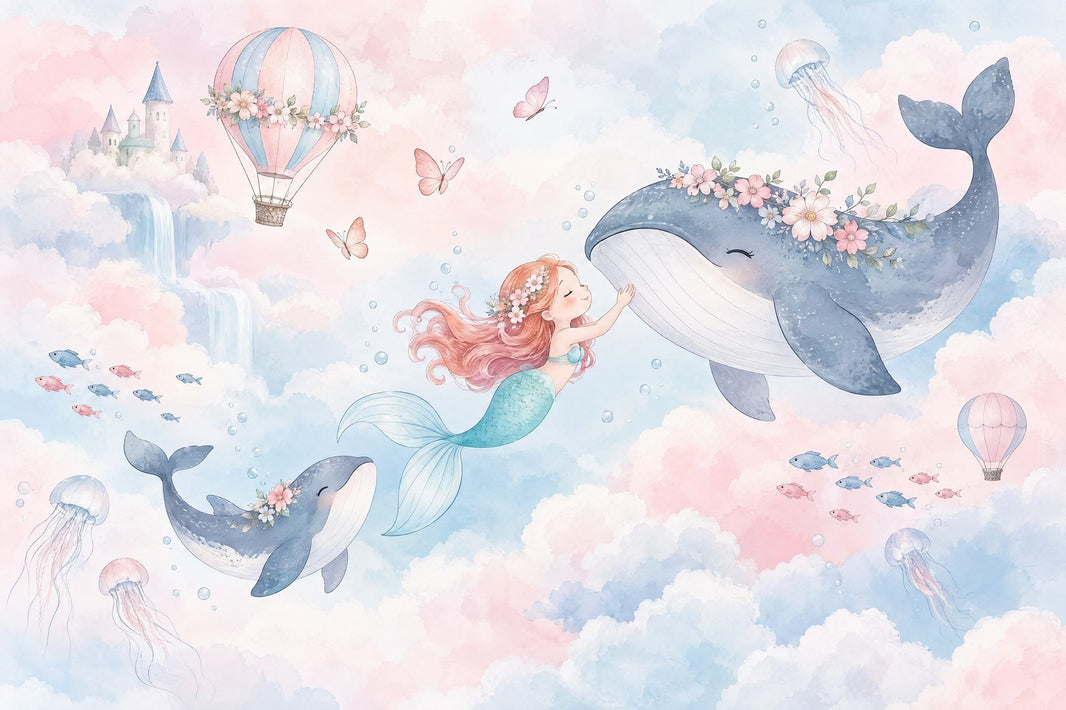 Mermaid And Whale Wallpaper Hot Air Balloon Fantasy Wall Mural pattern artwork