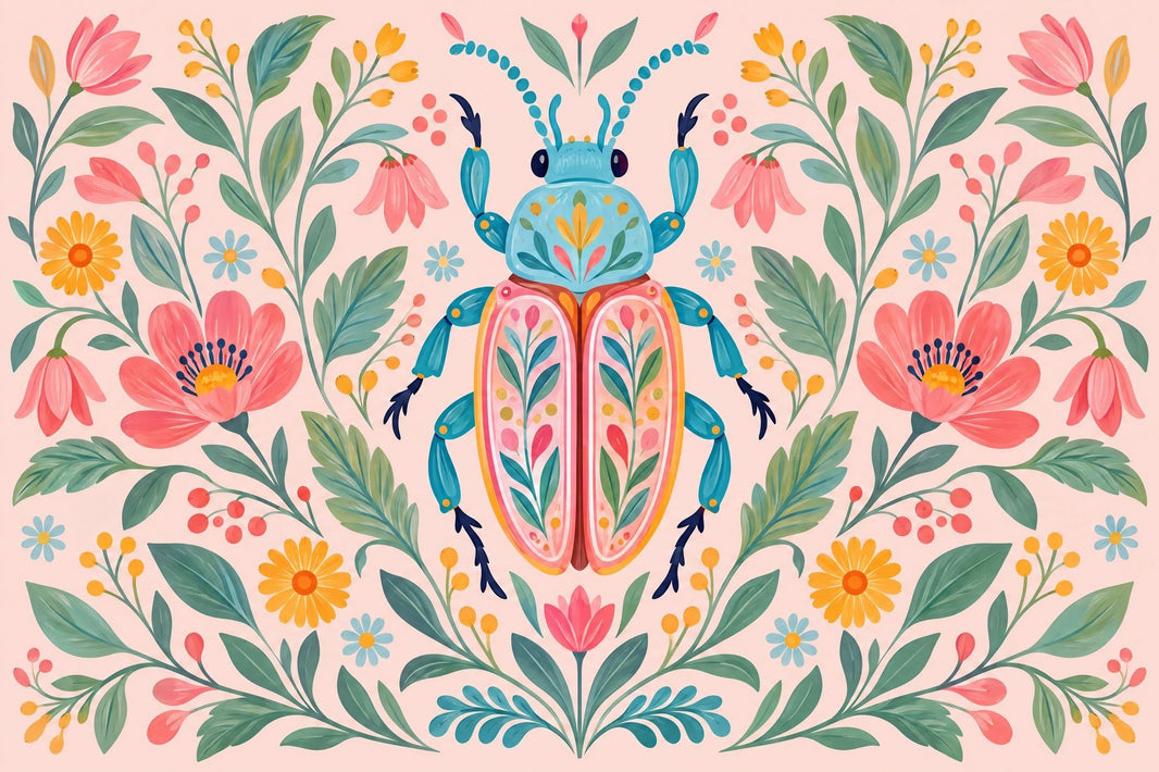 Decorative Beetle Floral Wallpaper Folk Art Wall Mural pattern artwork