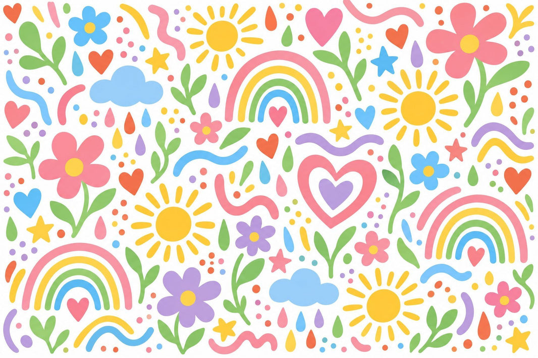 Rainbow Doodle Icons Wallpaper White Background Wall Mural pattern artwork