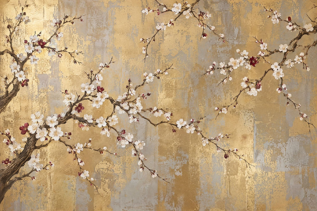 Cherry Blossom Branches Wallpaper Gold Leaf Texture Wall Mural pattern artwork