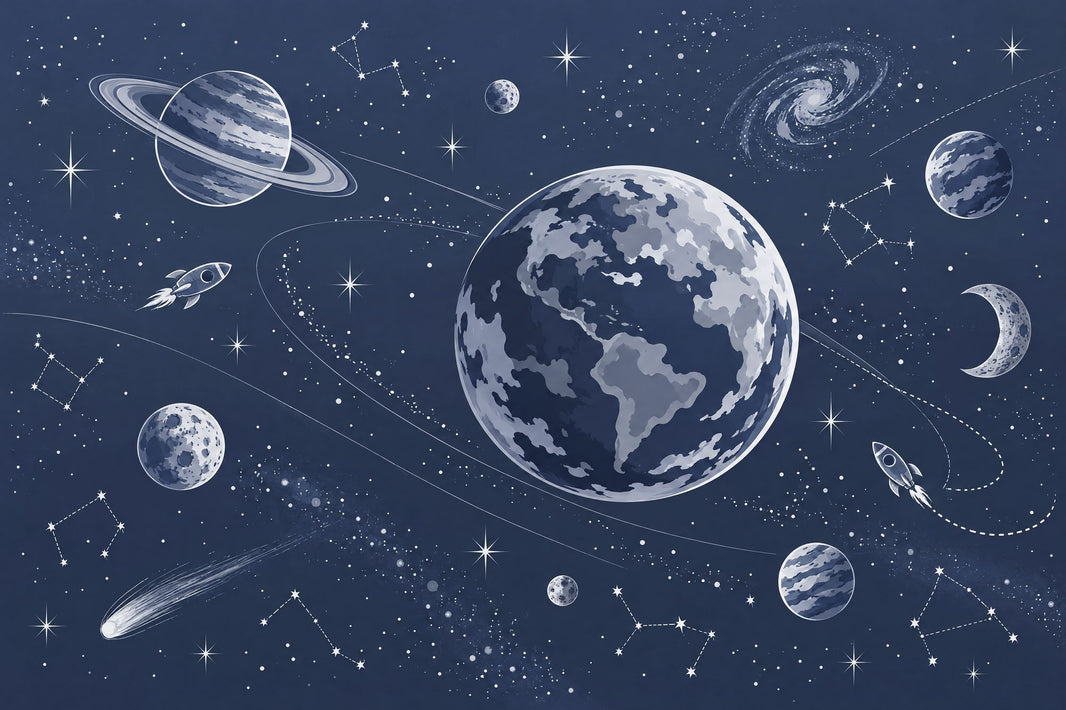 Planets And Rockets Wallpaper Navy Galaxy Wall Mural pattern artwork