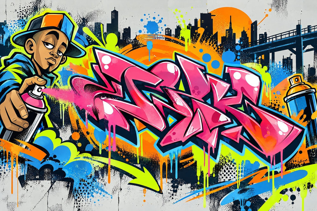 Pink Graffiti Lettering Wallpaper Street Art City Skyline Wall Mural pattern artwork