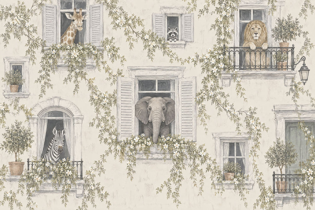 Safari Animals At Shuttered Windows Wallpaper European Villa Wall Mural pattern artwork