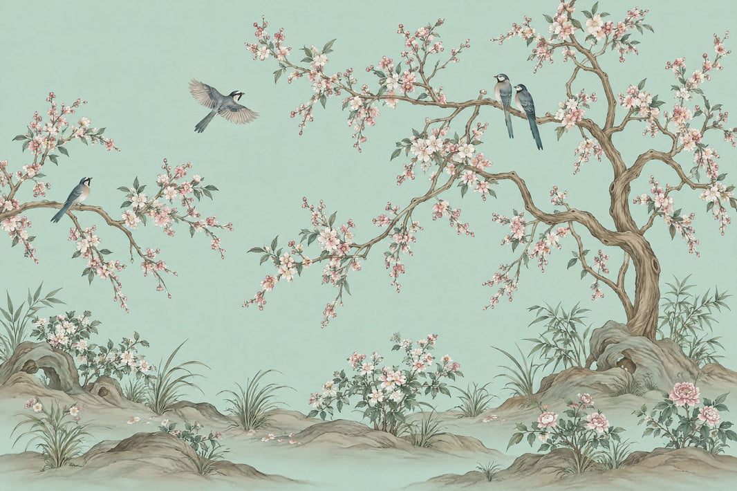 Blossom Tree And Birds Wallpaper Mint Green Chinoiserie Wall Mural pattern artwork