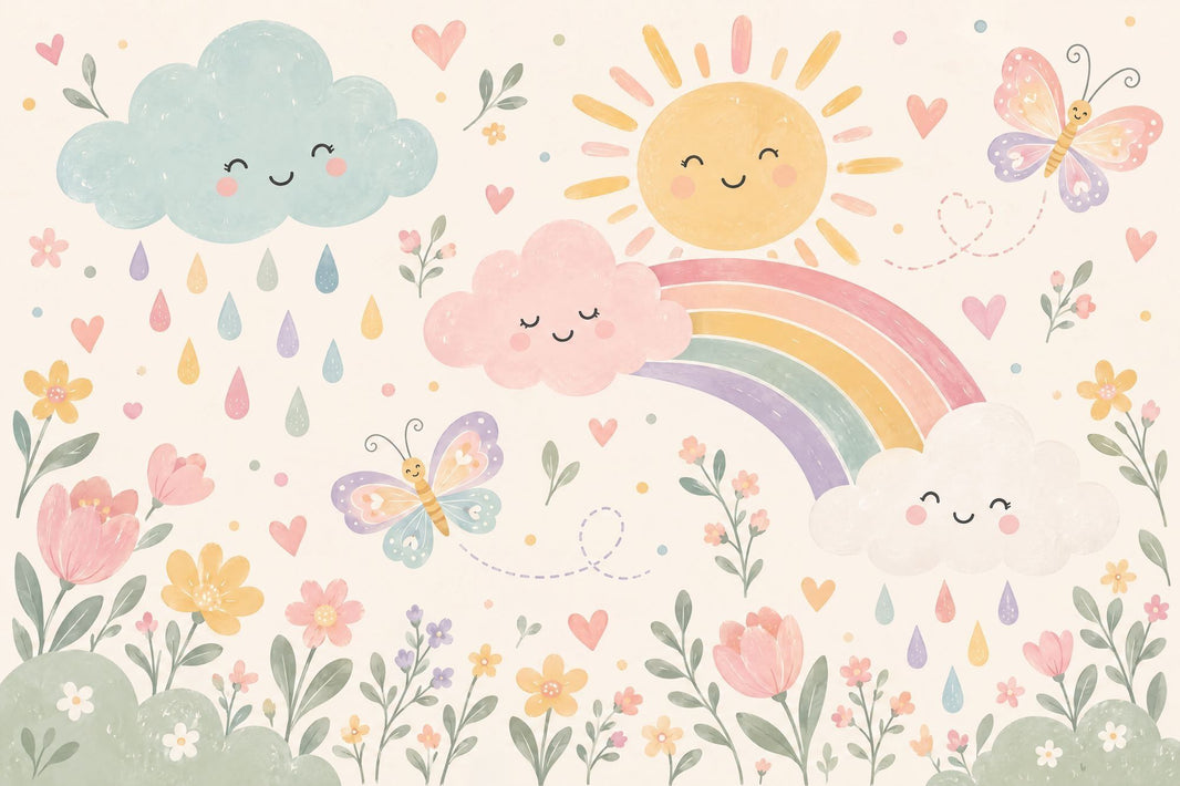 Smiling Clouds Rainbow Wallpaper Pastel Nursery Wall Mural pattern artwork
