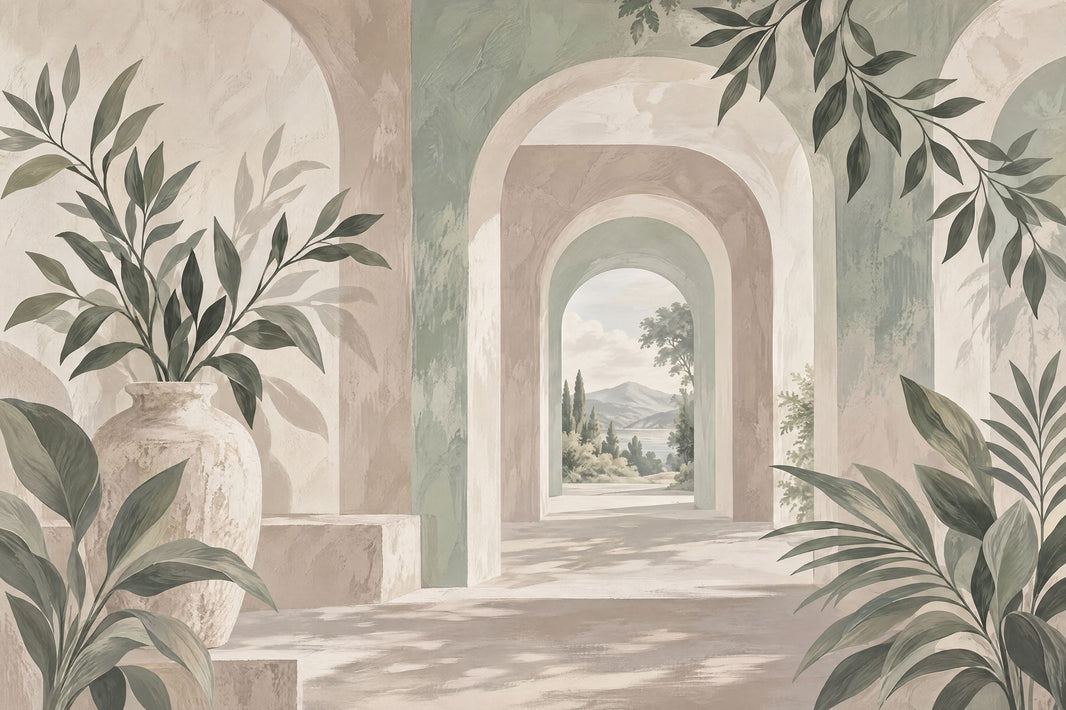 Mediterranean Arched Corridor Wallpaper Tuscan Villa Wall Mural pattern artwork