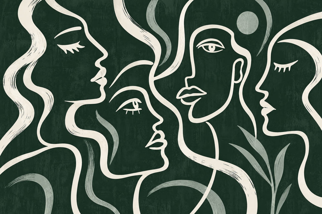 Line Art Faces Wallpaper Forest Green Wall Mural pattern artwork
