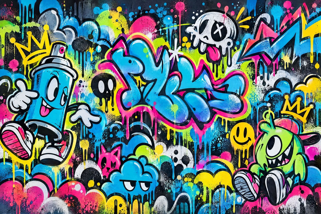 Neon Graffiti Characters Wallpaper Urban Street Art Wall Mural pattern artwork