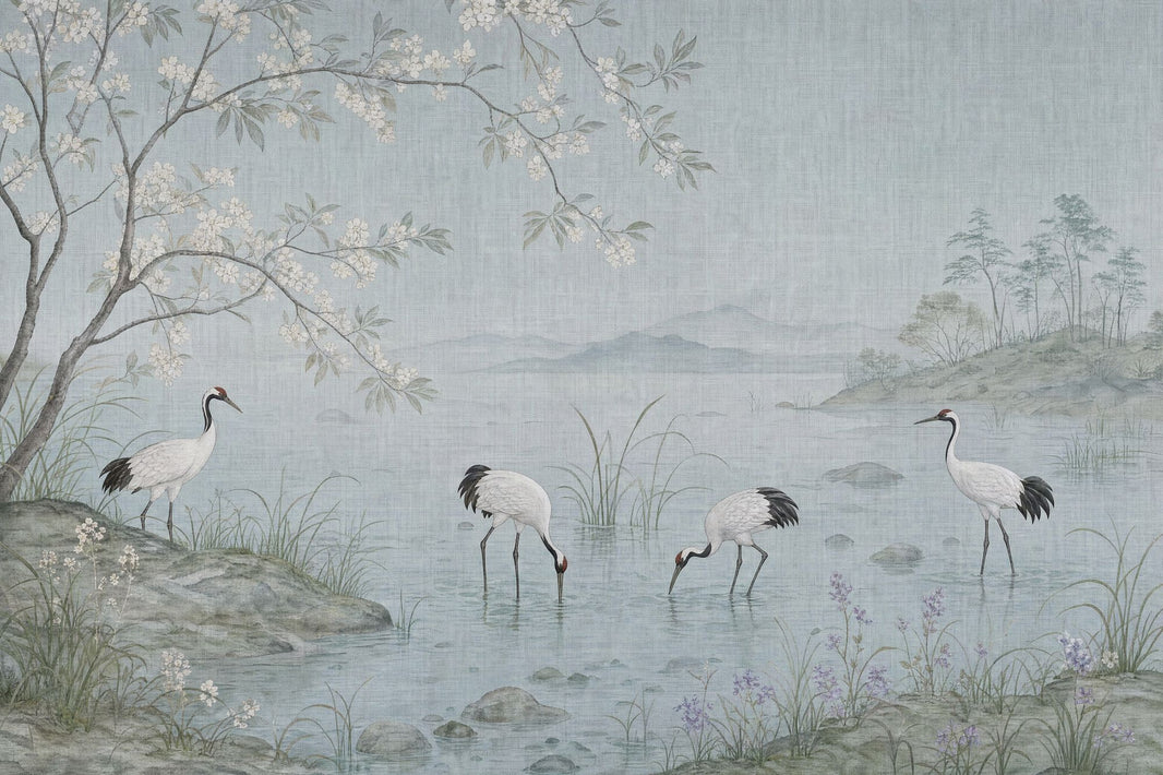 Cranes And Cherry Blossoms Wallpaper East Asian Landscape Wall Mural pattern artwork