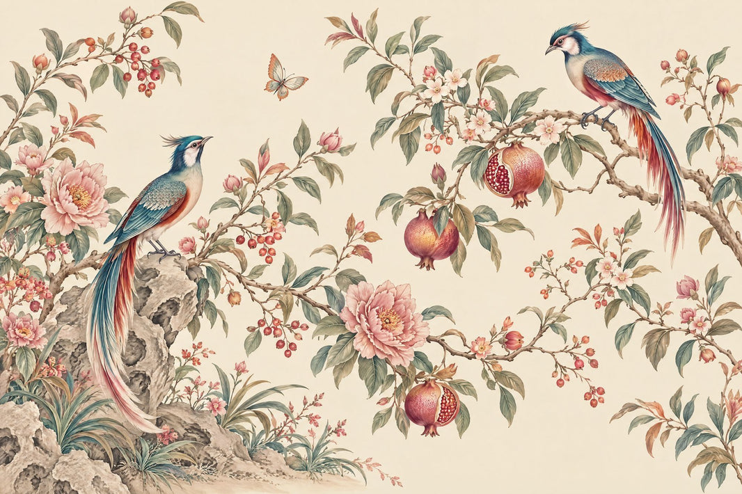 Chinoiserie Birds And Peonies Wallpaper Cream Background Wall Mural pattern artwork