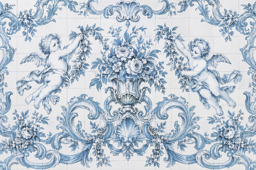 Blue And White Cherubs Wallpaper Rococo Tile Wall Mural pattern artwork