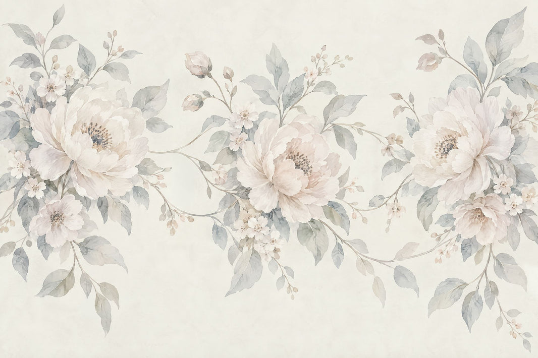 Watercolor Peonies Wallpaper Ivory Botanical Wall Mural pattern artwork