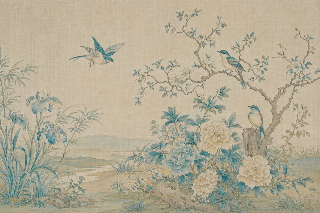 Chinoiserie Birds And Blue Blossoms Wallpaper Beige Landscape Wall Mural pattern artwork