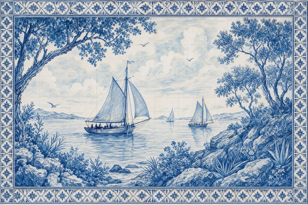 Sailboat Seascape Wallpaper Vintage Tile Border Wall Mural pattern artwork