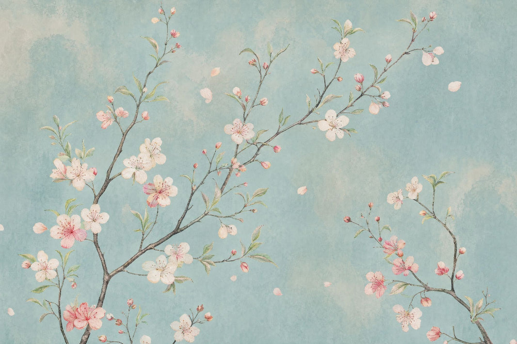 Cherry Blossom Branches Wallpaper Pale Blue Watercolor Wall Mural pattern artwork