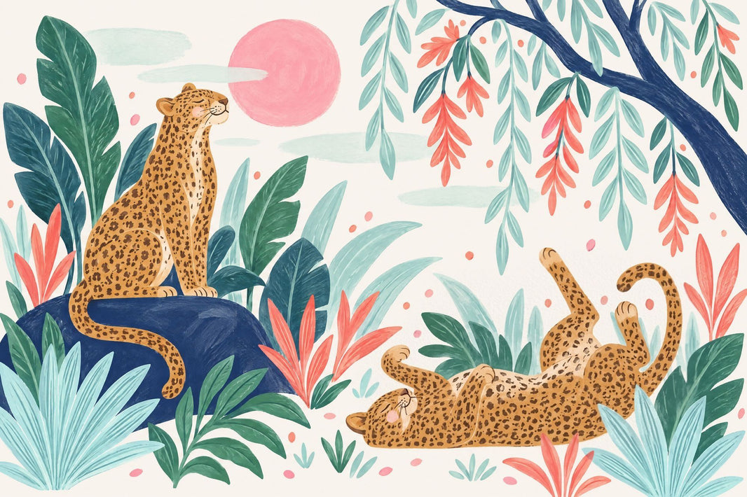Whimsical Leopards Tropical Jungle Wallpaper Watercolor Wall Mural pattern artwork