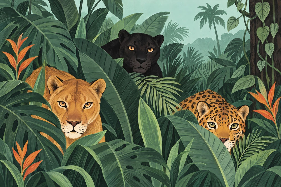 Big Cats Jungle Wallpaper Tropical Foliage Wall Mural pattern artwork