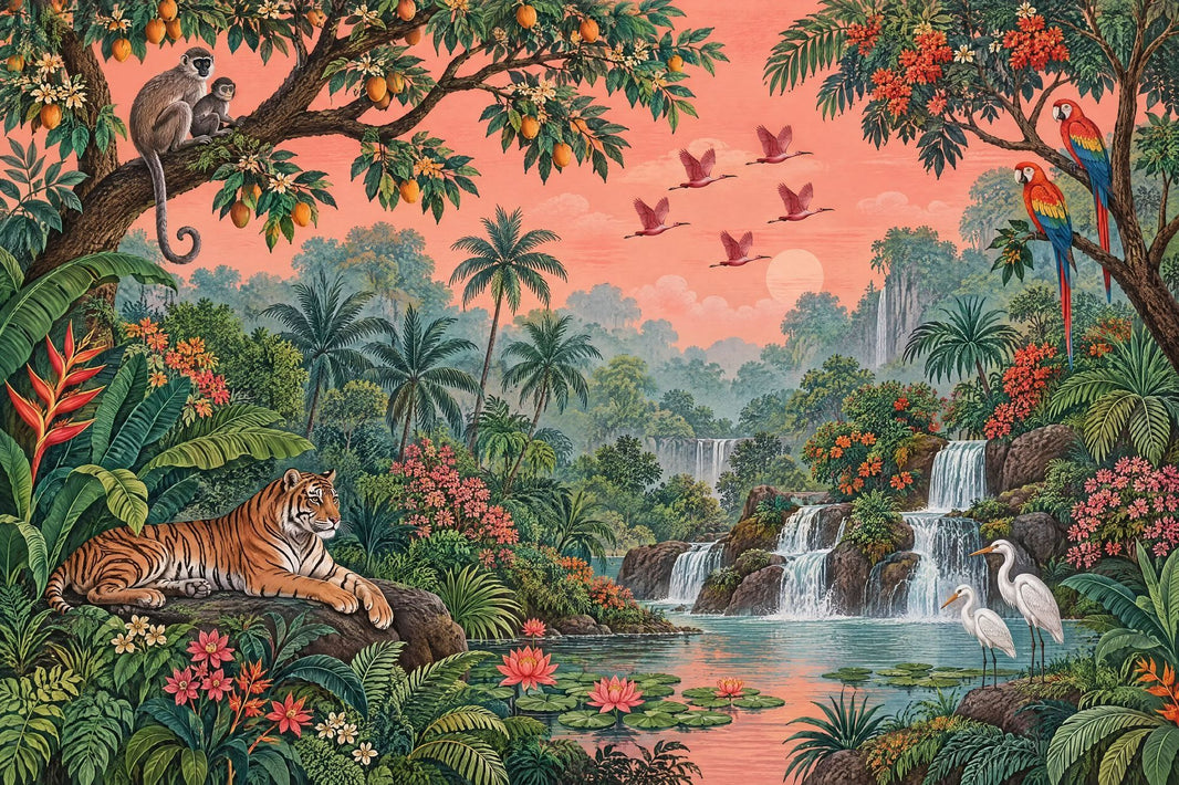 Tropical Jungle Tiger Wallpaper Coral Sky Waterfall Wall Mural pattern artwork