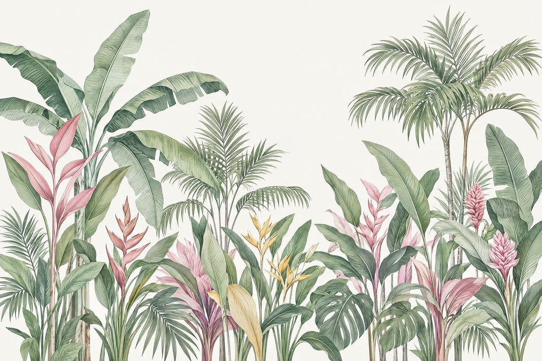 Watercolor Tropical Leaves Wallpaper Light Background Wall Mural pattern artwork