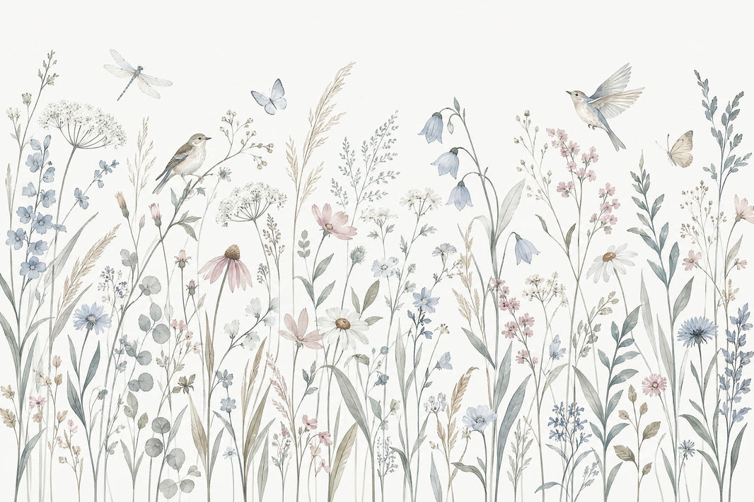 Watercolor Wildflowers Wallpaper White Background Wall Mural pattern artwork