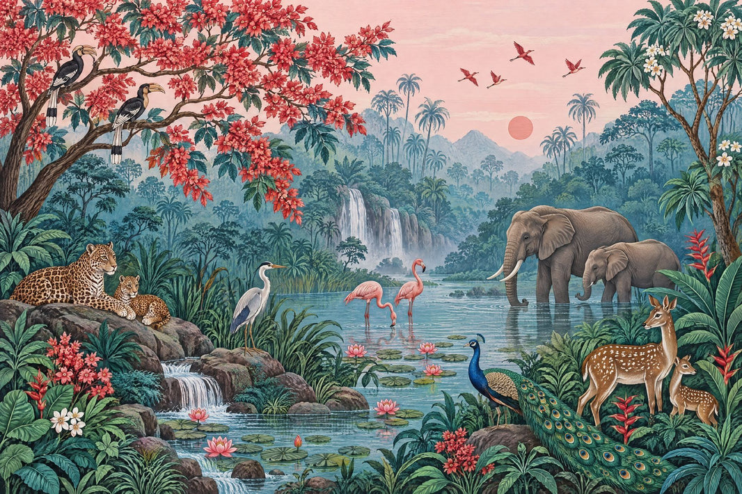 Tropical Jungle Wildlife Wallpaper Pink Sky Waterfall Wall Mural pattern artwork