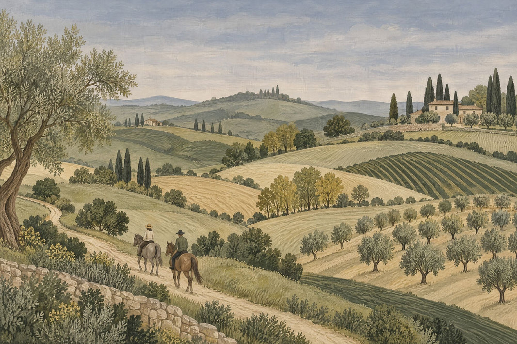 Tuscan Countryside Wallpaper Vintage Watercolor Wall Mural pattern artwork
