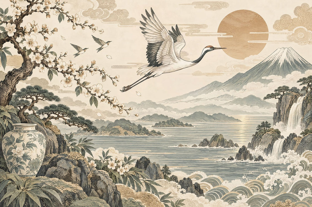 Crane And Cherry Blossoms Wallpaper Japanese Landscape Wall Mural pattern artwork