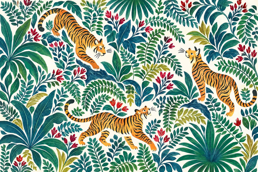 Tiger Jungle Wallpaper Watercolor Tropical Wall Mural pattern artwork