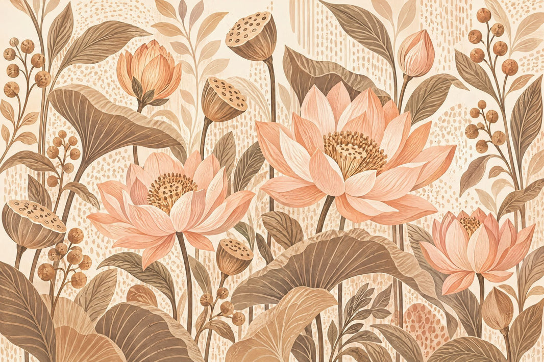 Watercolor Lotus Wallpaper Earth Tone Botanical Wall Mural pattern artwork