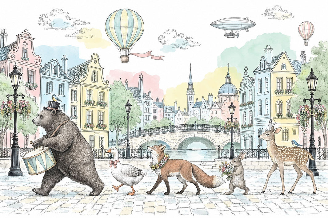 European Canal Cityscape Wallpaper Storybook Animals Wall Mural pattern artwork