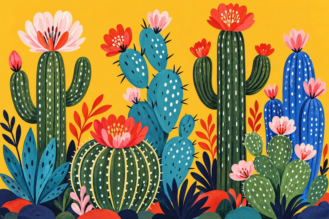 Blooming Cactus Wallpaper Bright Yellow Wall Mural pattern artwork