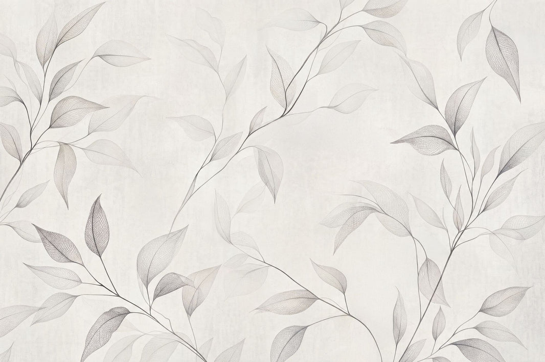 Delicate Leaf Branches Wallpaper Gray Line Art Wall Mural pattern artwork