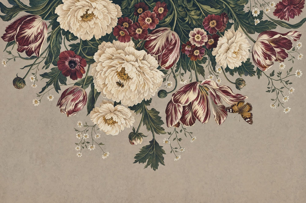Vintage Peony And Tulip Wallpaper Paper Texture Wall Mural pattern artwork