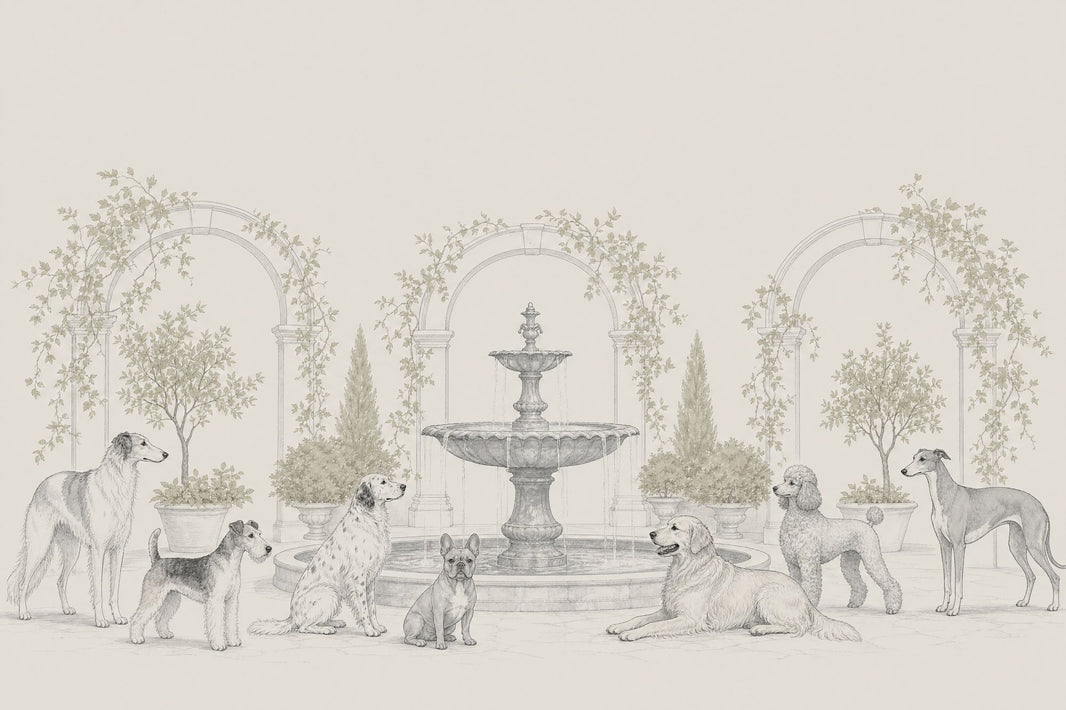 Toile Garden Dogs Wallpaper Ivory Classical Wall Mural pattern artwork