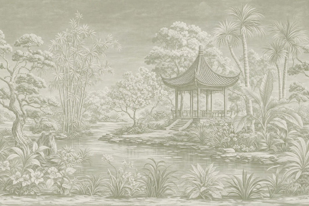 Chinoiserie Pagoda Garden Wallpaper Sage Green Landscape Wall Mural pattern artwork