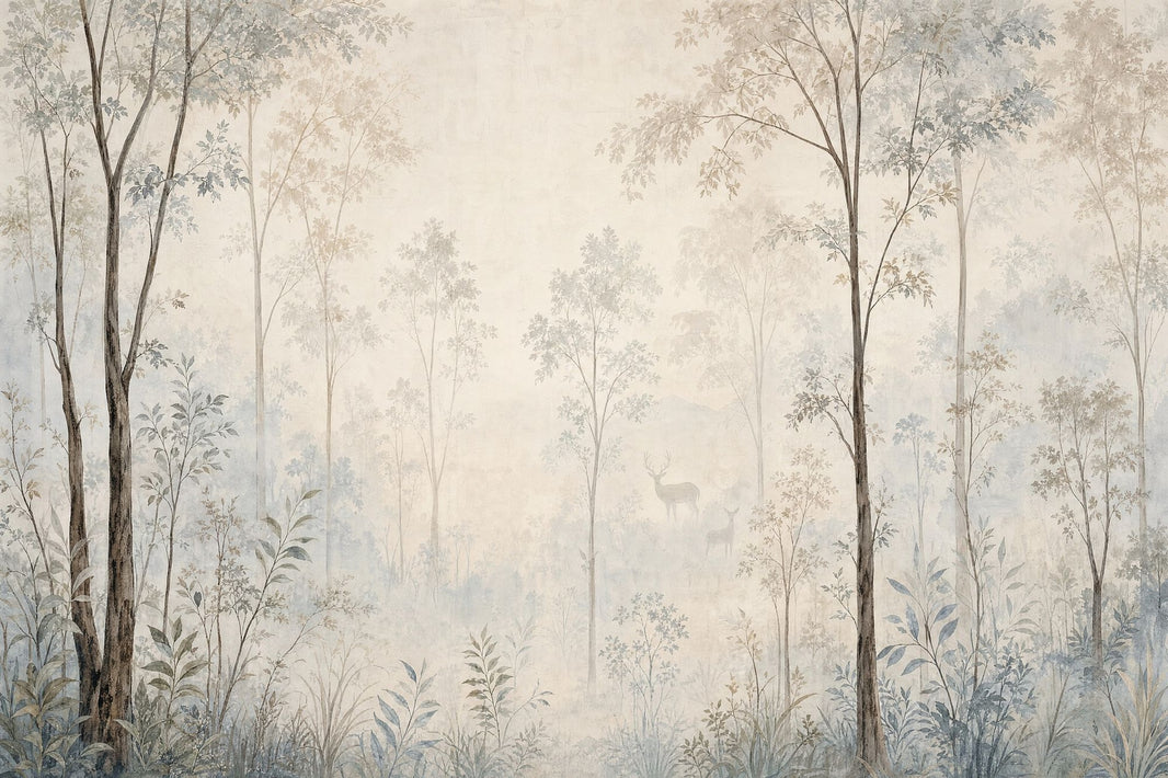 Misty Forest Deer Wallpaper Watercolor Woodland Wall Mural pattern artwork