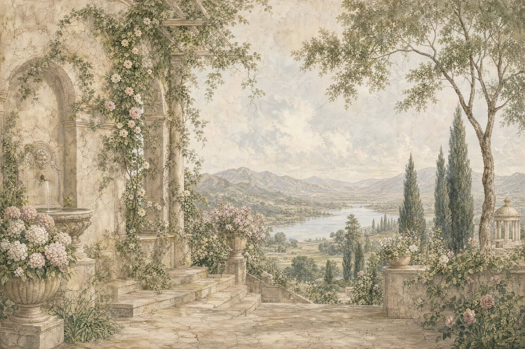 Vintage Garden Terrace Wallpaper Romantic Stone Arch Wall Mural pattern artwork