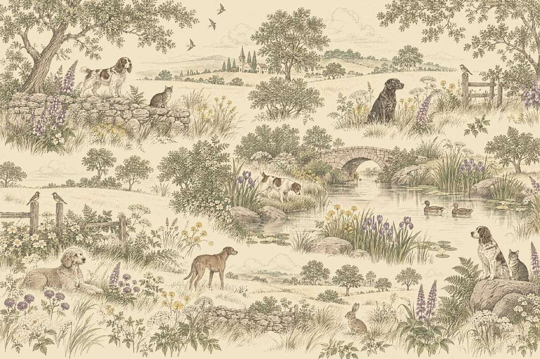 Pastoral Toile Landscape Wallpaper Vintage Engraving Style Wall Mural pattern artwork