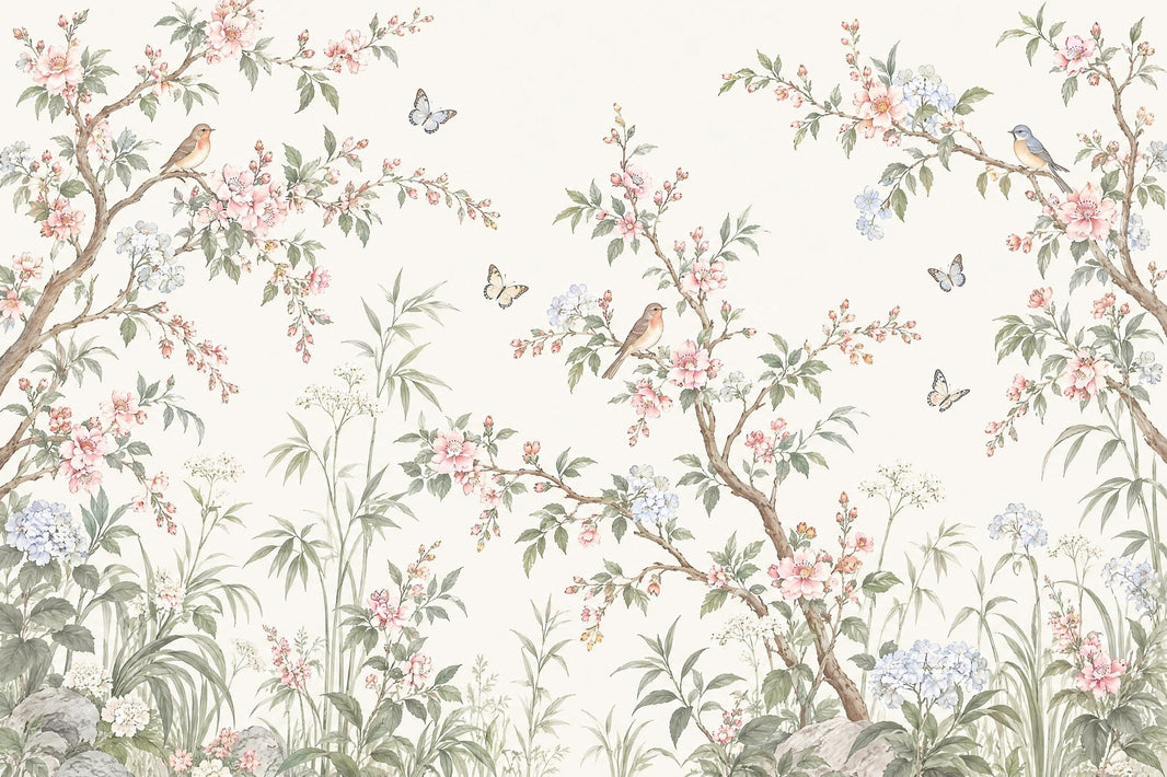 Chinoiserie Blossom Branches Wallpaper Birds And Butterflies Wall Mural pattern artwork