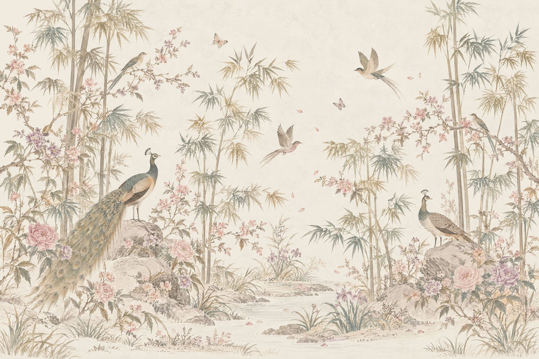 Peacock And Bamboo Wallpaper Chinoiserie Garden Wall Mural pattern artwork