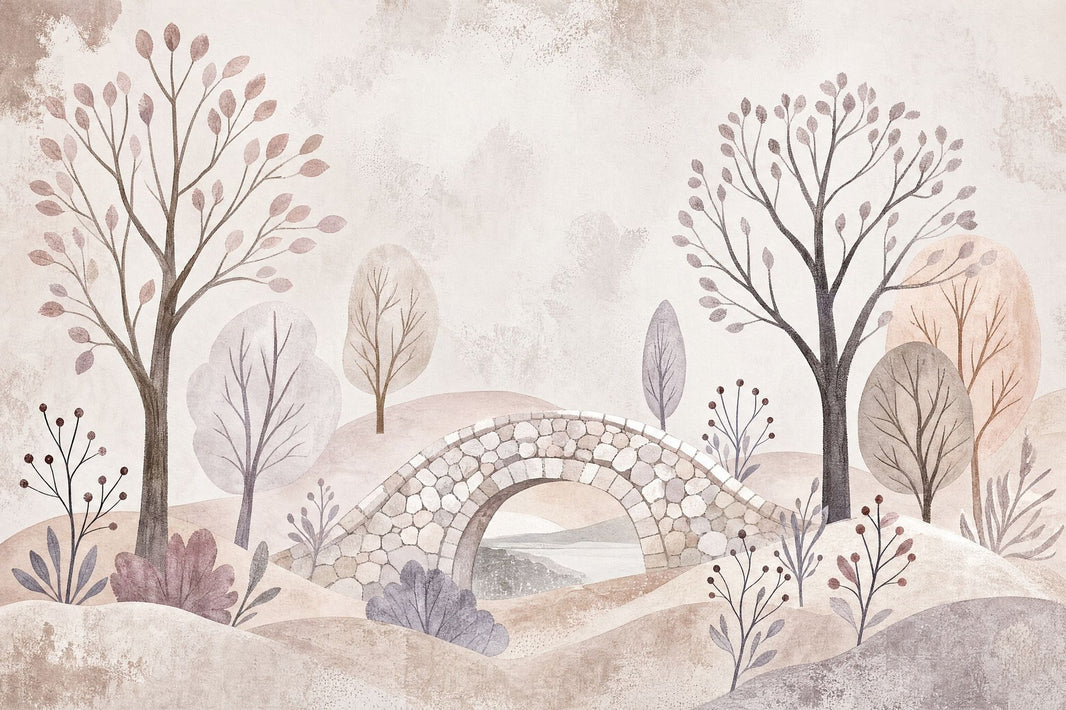 Botanical Landscape Wallpaper Stone Bridge Pastel Wall Mural pattern artwork