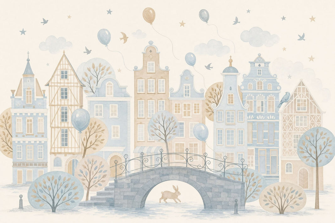 Watercolor Cityscape Wallpaper Pastel European Village Wall Mural pattern artwork