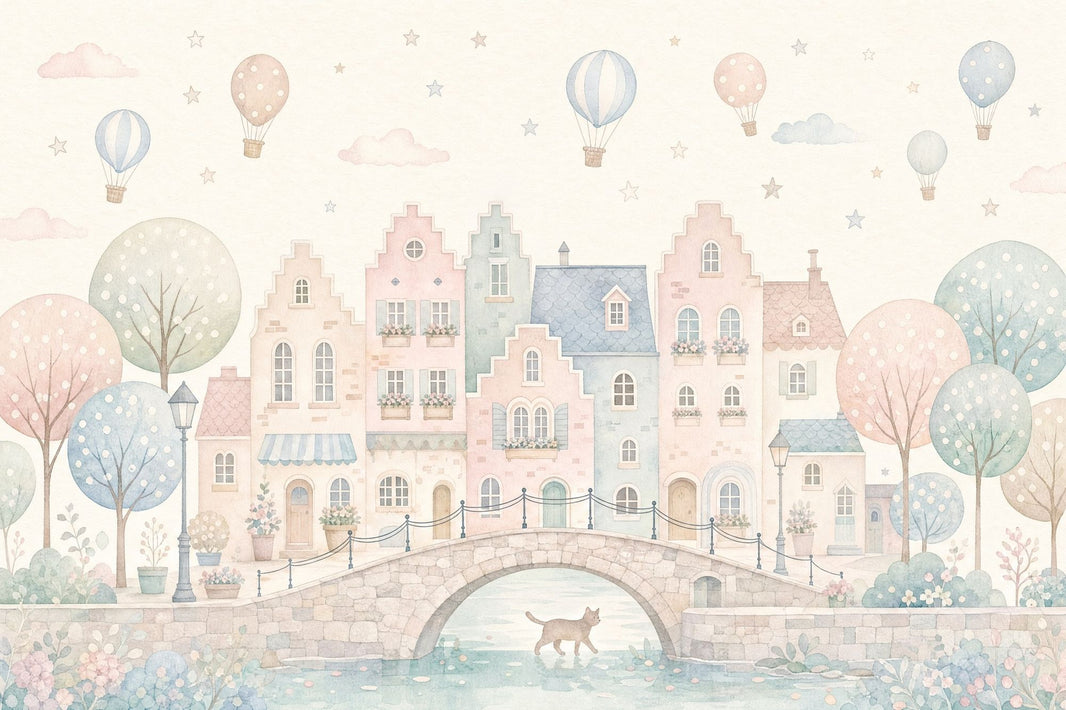 Watercolor Village Wallpaper Pastel Canal Town Wall Mural pattern artwork