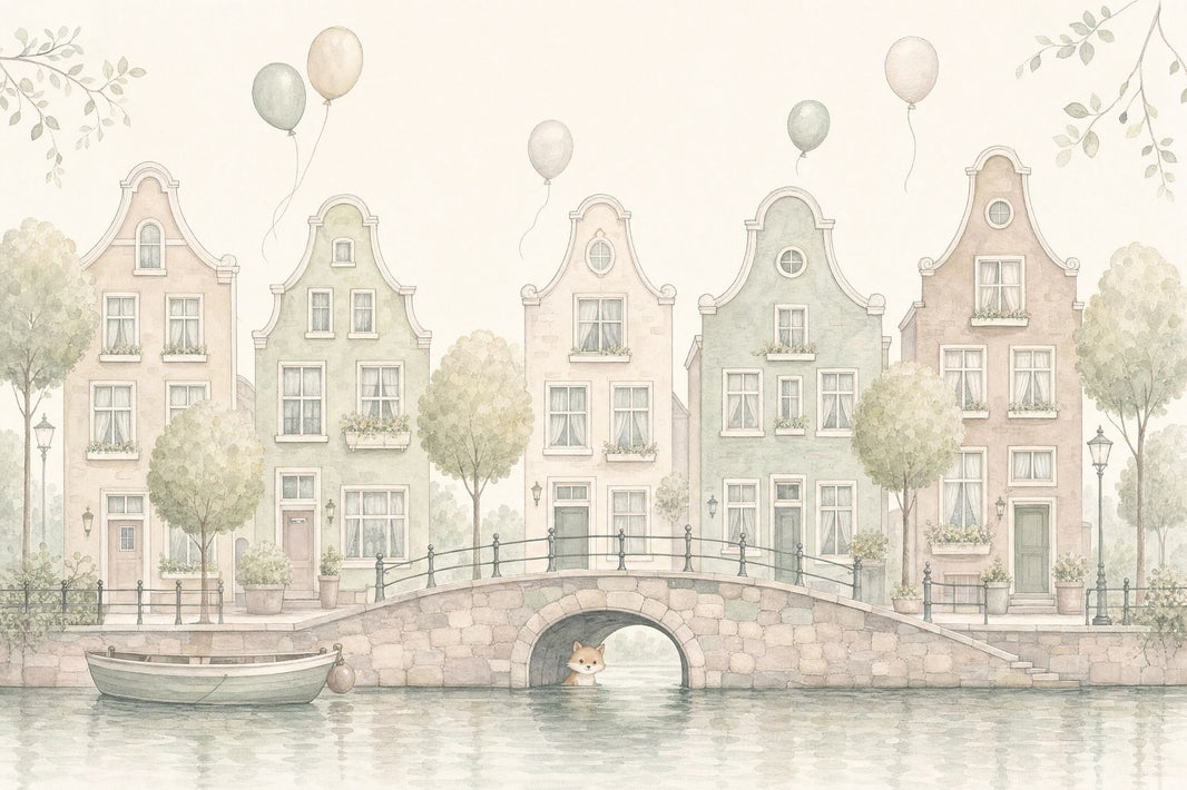 Watercolor Canal Cityscape Wallpaper Storybook Dutch Houses Wall Mural pattern artwork